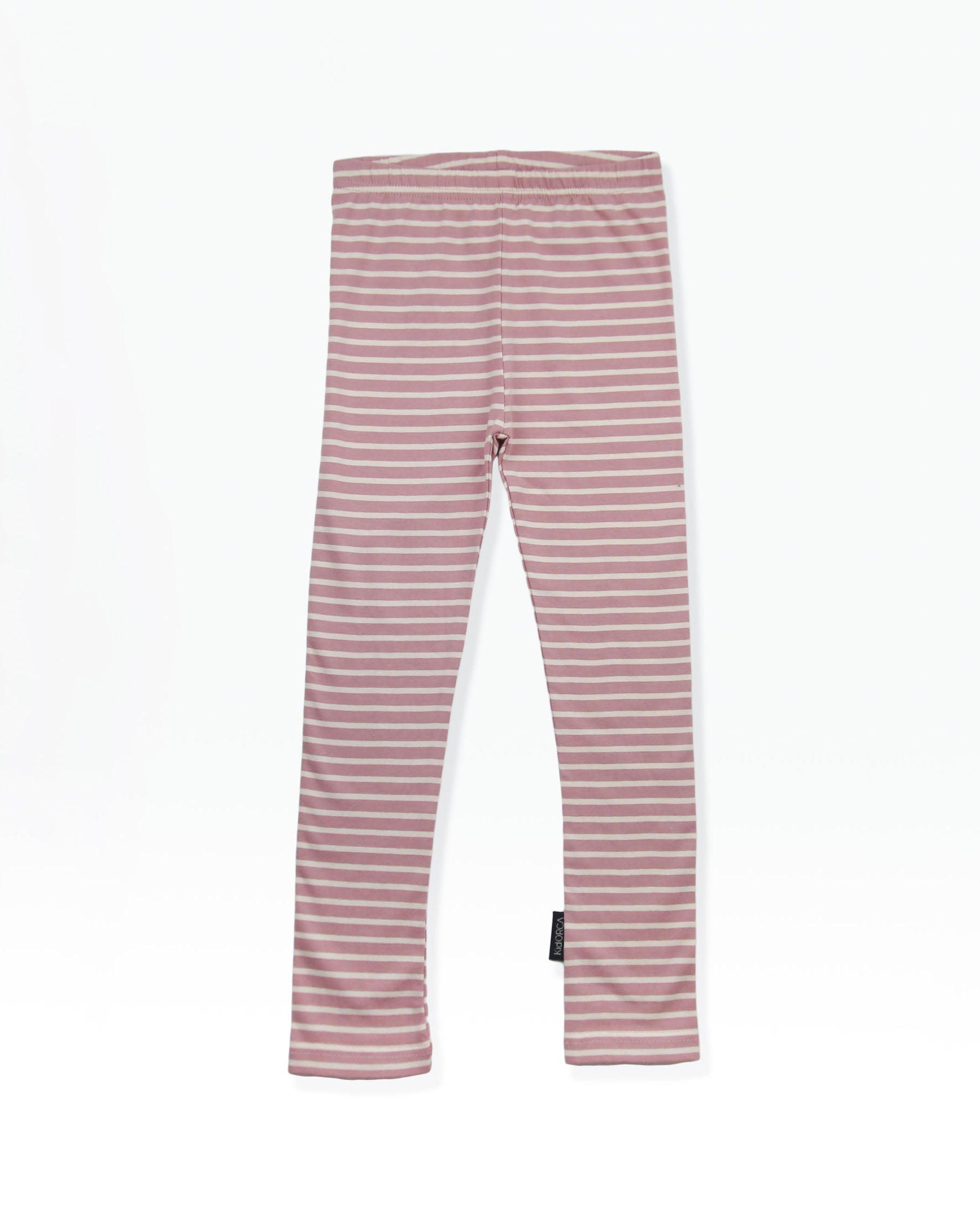 Organic striped extra‑long kids leggings in mauve – front view
