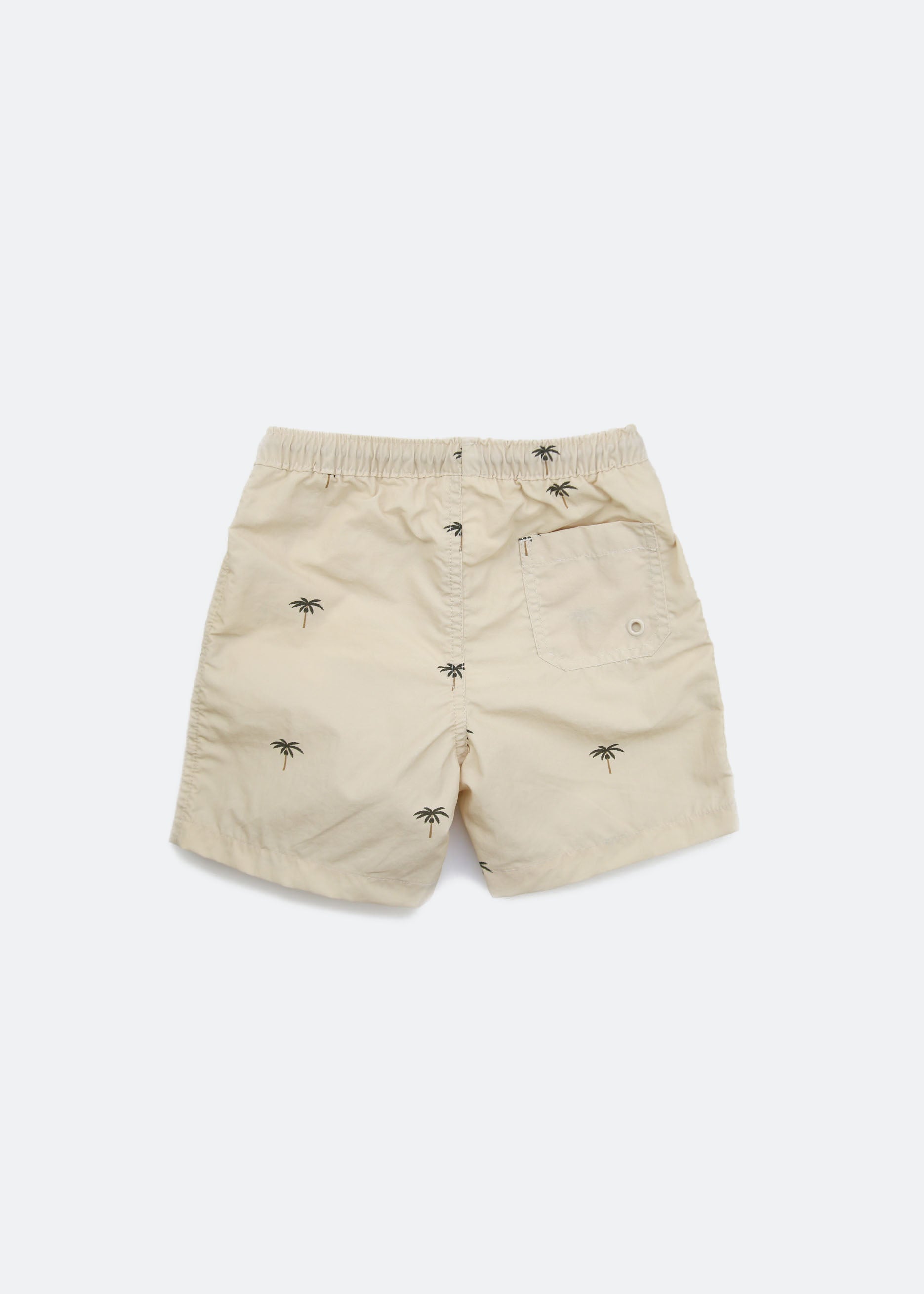 Boys swim trunks palm almond print – back view