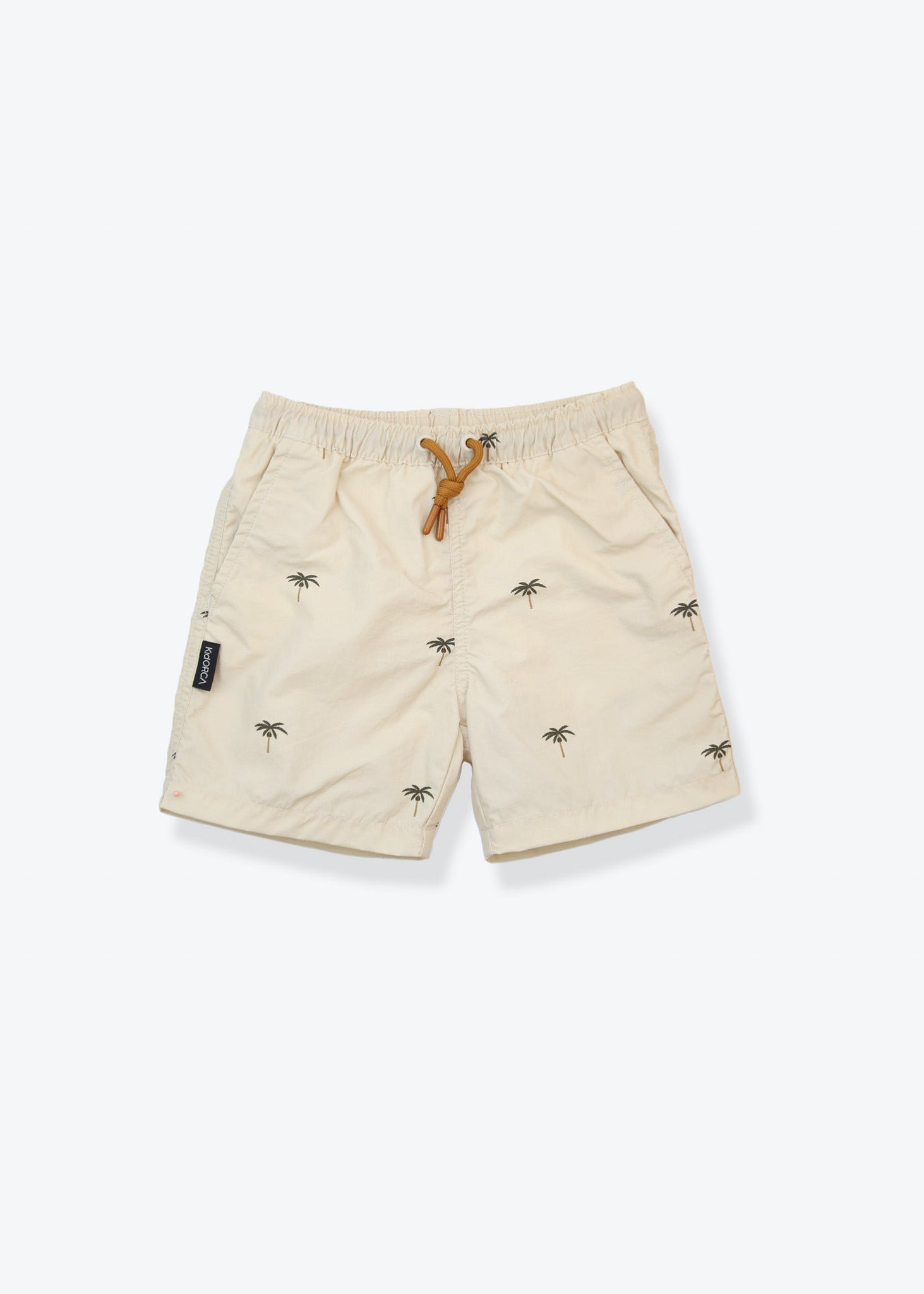 Boys swim trunks palm almond print – front view