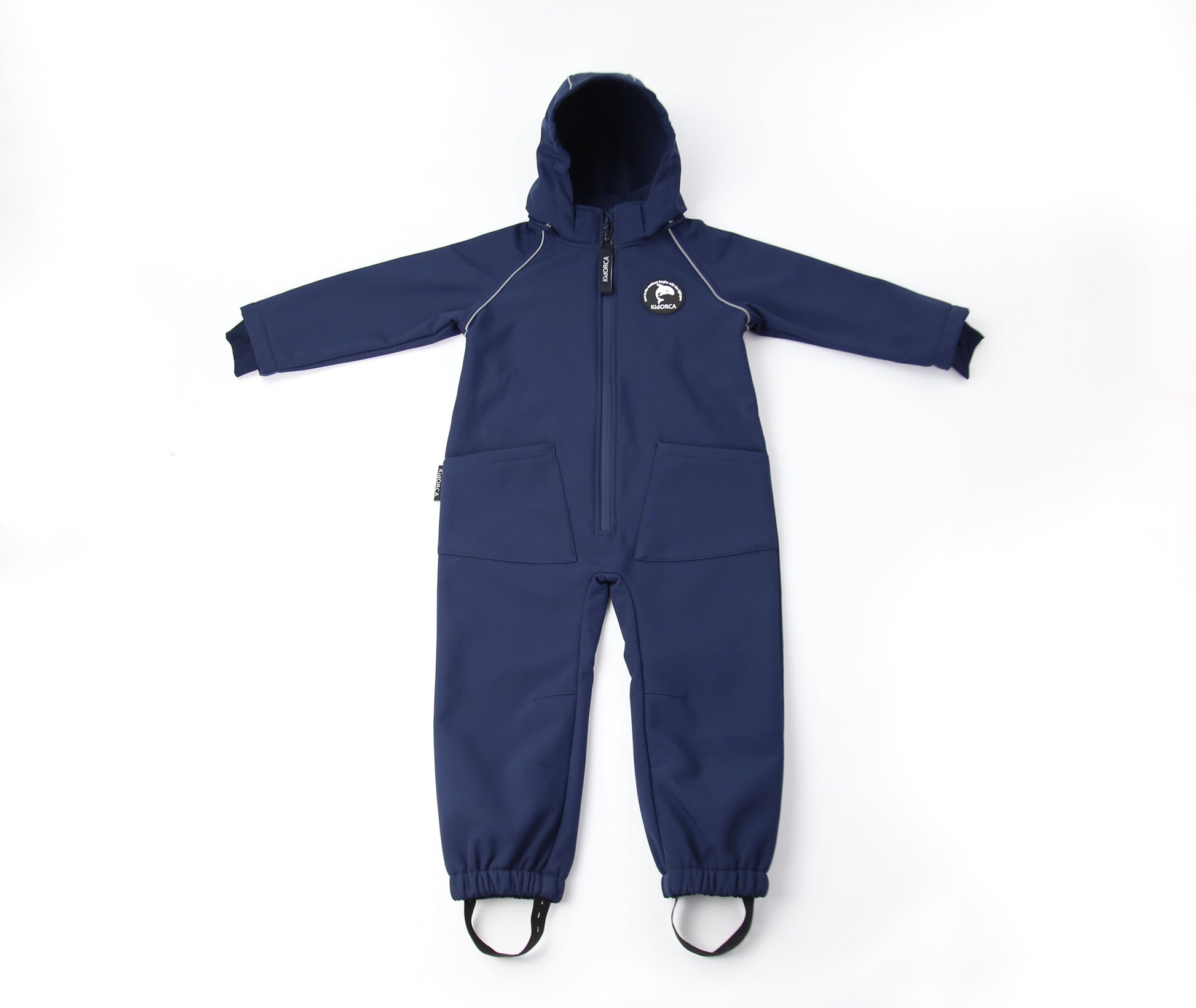 Kids navy softshell play suit – front view