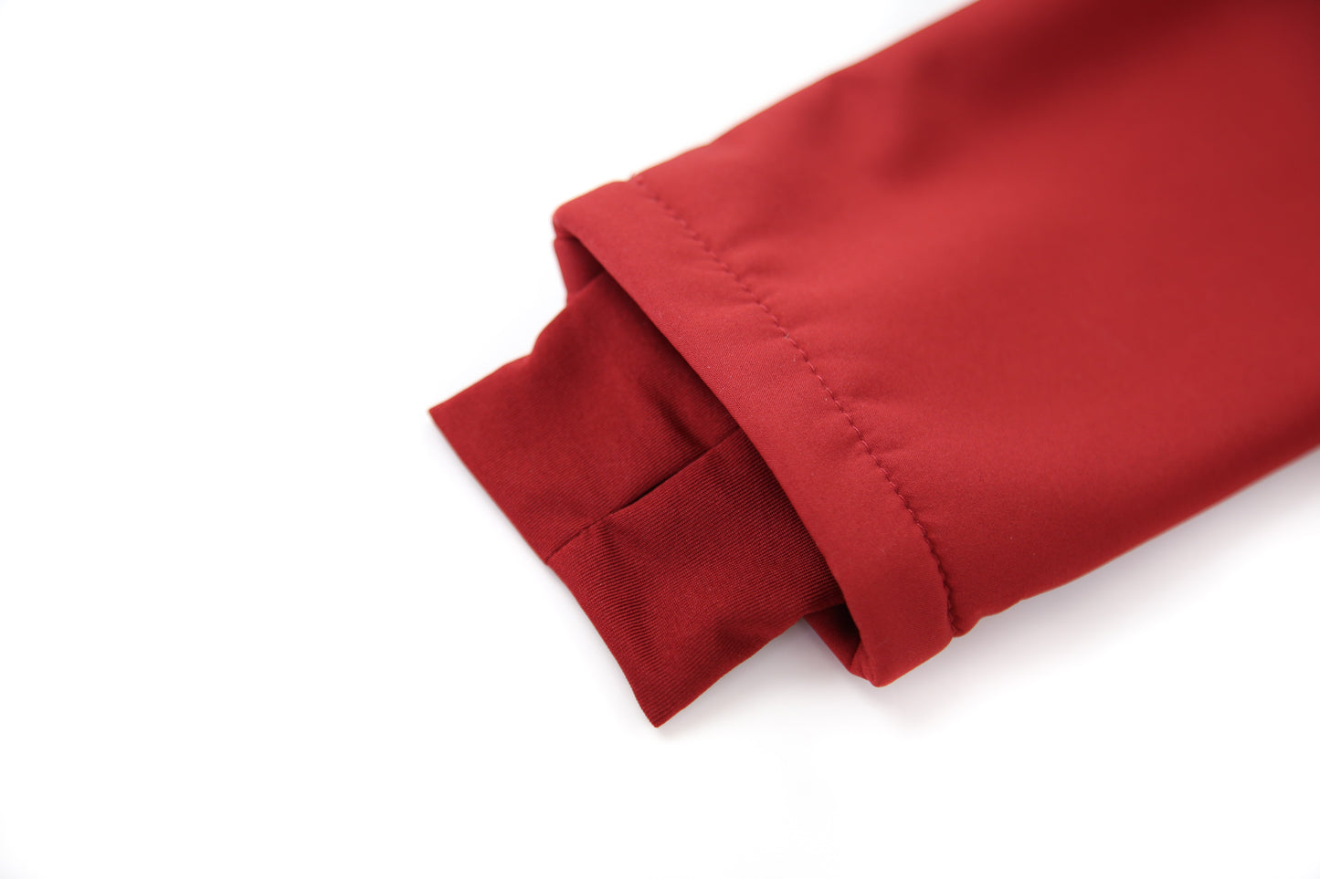 Wrist cuffs and ankle hem detail – merlot softshell suit