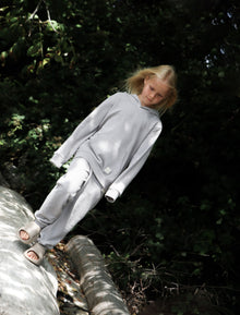 Kid playing in dove grey brushed terry hoodie by KidORCA