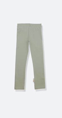 Organic striped extra‑long kids leggings in sage green – front view