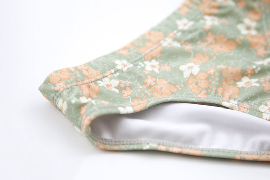 Close-up of quick-dry sage green fabric – Evangelina swim bottom