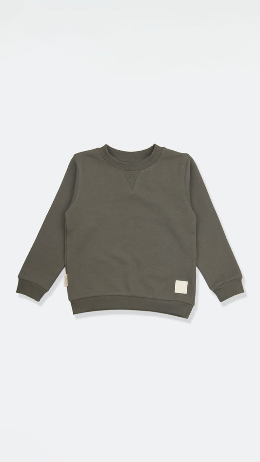Organic french terry kids sweatshirt in dusty olive color – front view