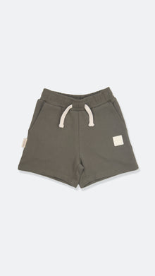 Organic french terry kids shorts in dusty olive color – front view