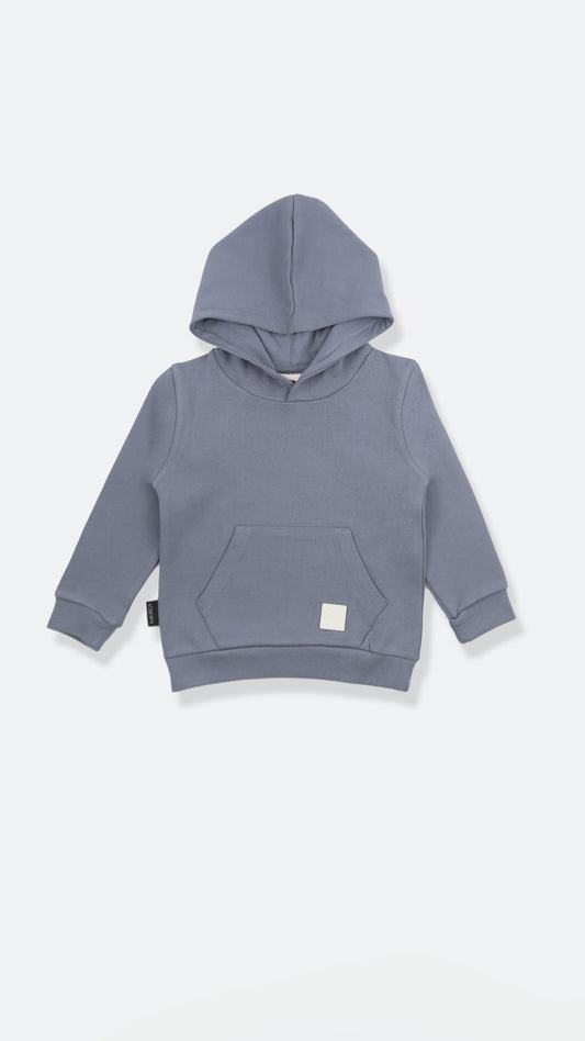 Organic french terry kids hoodie in flint gray – front view