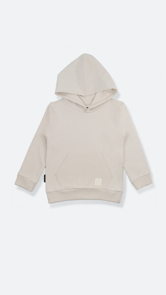 Organic french terry kids hoodie in oat color – front view