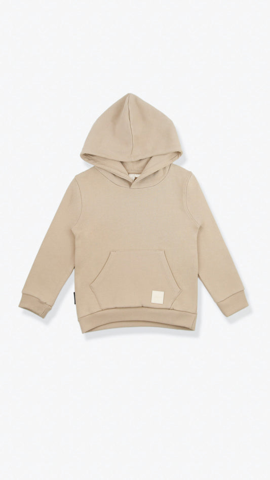 Organic brushed terry kids hoodie in wheat color – front view