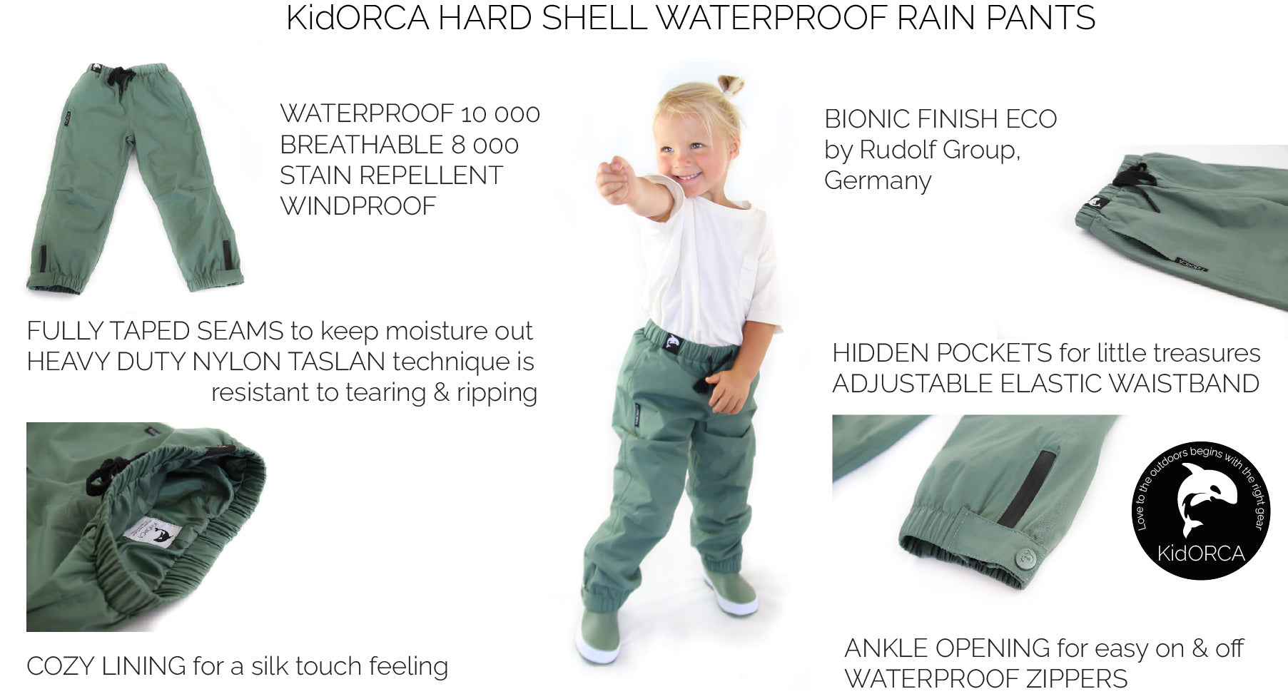 KidORCA Kids Rain Pants Hard Shell Waterproof _ Olive