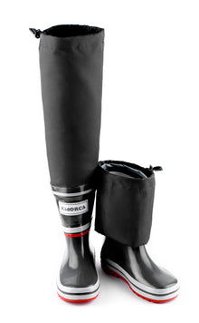 Kids grey rain boots with above-knee waders – front view